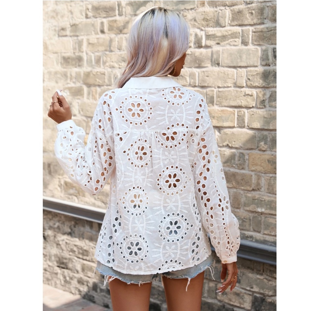 White Boho Eyelet Button Down Shirt Bishop Long Sleeves - Picture 4 of 9